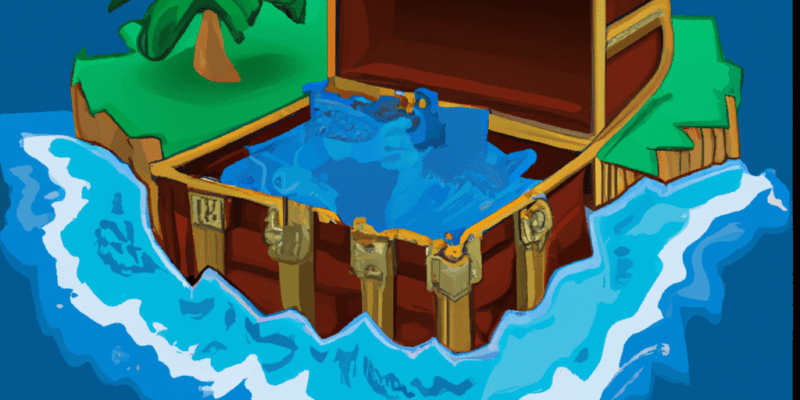 A map of an unknown island with a treasure chest in the center and a giant wave in the background.