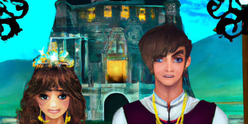 A picture of Elaina and Giovanni standing in front of a large, imposing castle gate with their crystal ball necklace glowing brightly around their necks.