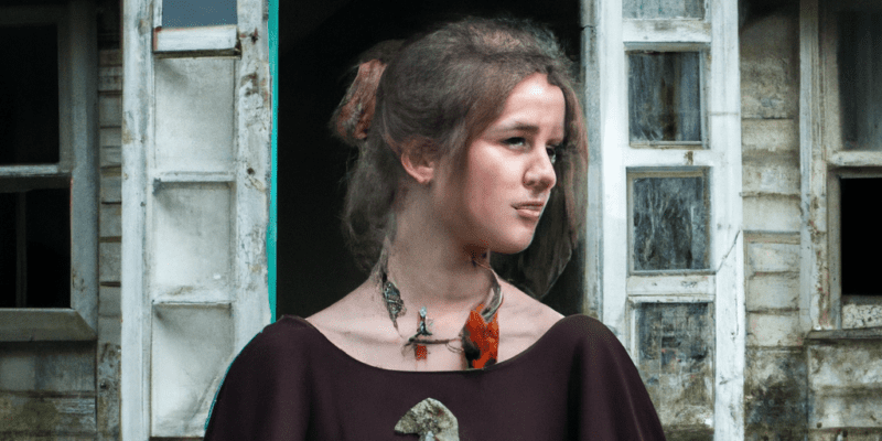 A young girl standing in front of an old abandoned cottage with a magical bird perched on her shoulder.