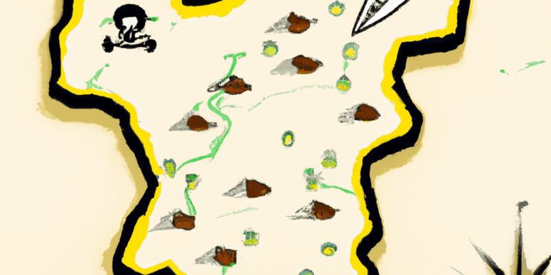 A map of a mysterious island with a skull and crossbones in the corner.