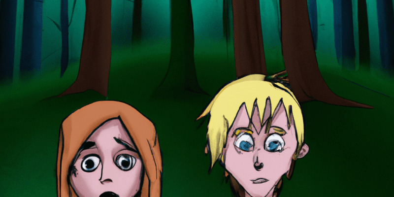 A picture of Jack and Jill standing in front of a mysterious forest with a look of determination on their faces.