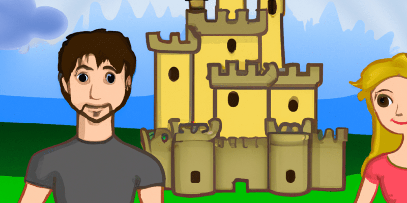 A picture of James and Sarah standing in front of a large castle with a group of knights behind them.