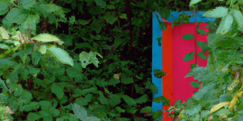 A picture of a small, brightly colored door hidden behind thick bushes in a forest.