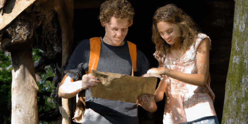 A picture of Tom and Sarah standing in front of an old treehouse with a map in their hands.