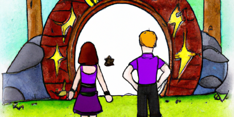 Image prompt: A picture of Emma and Jake standing in front of a magical portal, ready to embark on their quest.