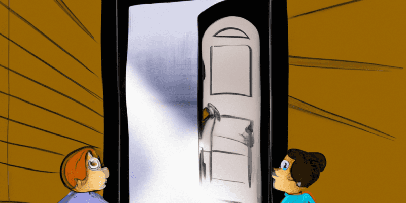 Two children standing in front of a mysterious door with a bright light emanating from it.