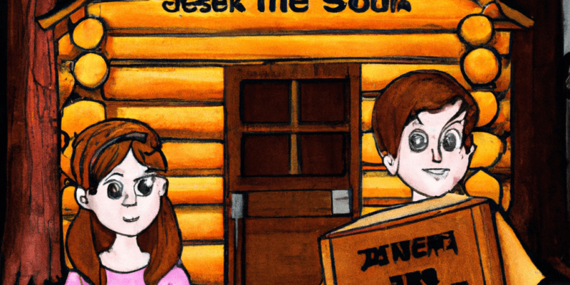 A picture of Jack and Sarah standing in front of an old cabin in the woods with a mysterious book in their hands.