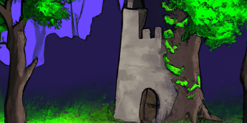 An old castle with a mysterious door, surrounded by a thick forest.