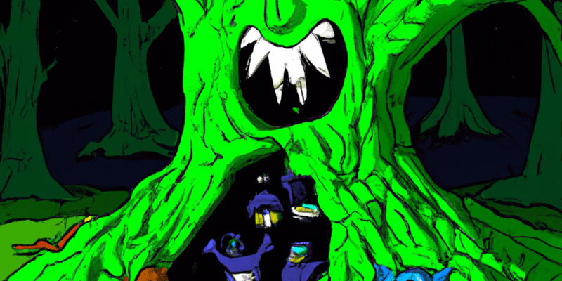 A giant tree with a large hole in it, surrounded by a mysterious forest with strange creatures lurking in the shadows.