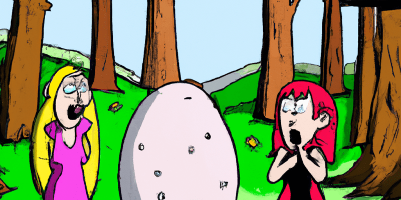 A picture of Abigail and Ruth standing in a clearing in the forest with a large pink egg in the middle. They are looking at the egg with curiosity and excitement.