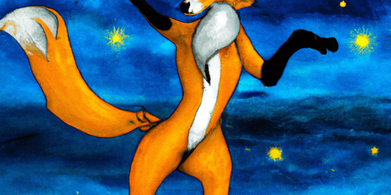 A magical Fiddle Fox standing on a beach with a wand in its paw, surrounded by a swirling mist of stars.