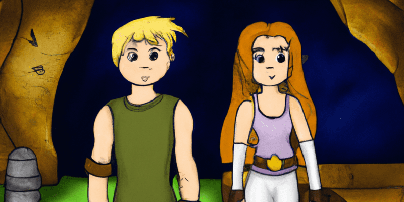 A picture of Ash and Abigail standing in front of a mysterious cave, looking determined and ready for their adventure.