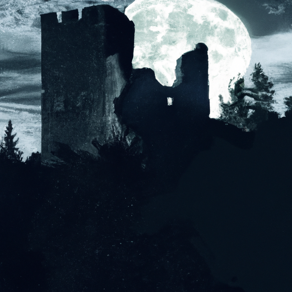 A castle in ruins, surrounded by a dark forest, with a full moon in the night sky.