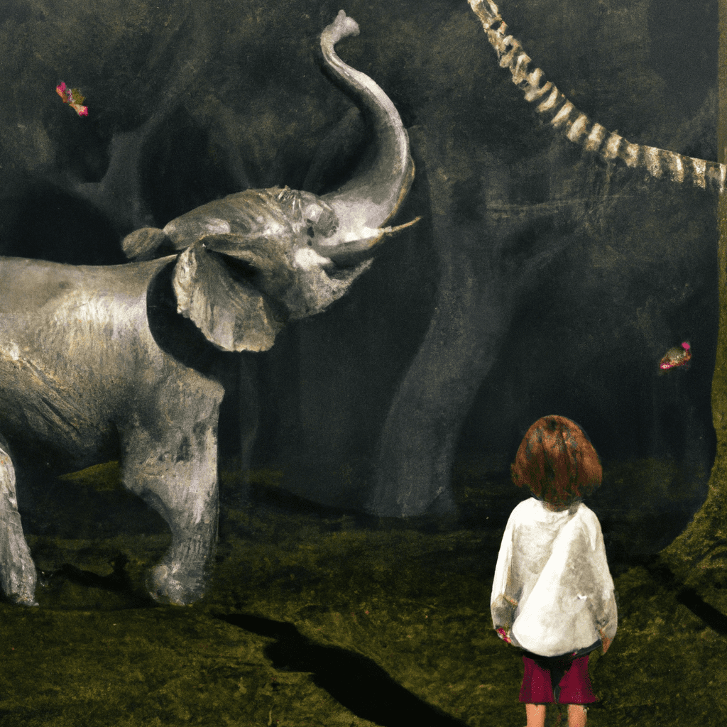 Image Prompt: A young girl standing in a forest, looking up at a giant elephant with a magical pendant around its neck.