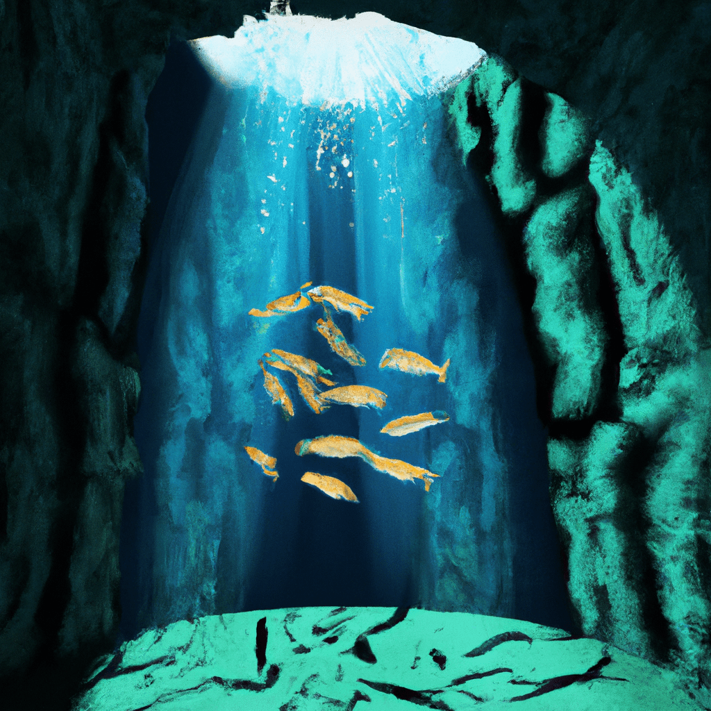 A group of fish swimming around a mysterious cave entrance, illuminated by a strange light coming from within.