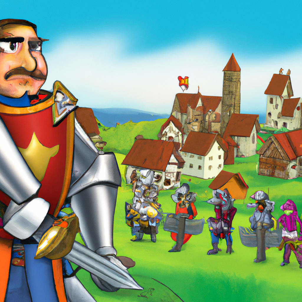 A knight in shining armor standing in front of a village with a group of bandits in the background.