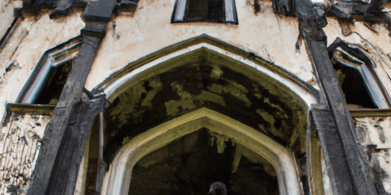 Two friends standing in front of an old abandoned castle, looking up in awe at its towering walls and mysterious door.