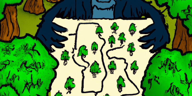 A map of a dark forest with a giant, furry monster in the center, blocking the path to a hidden treasure.