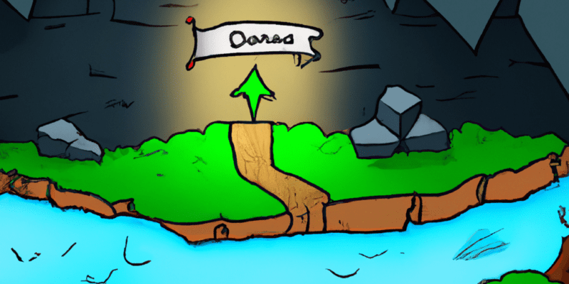 A map with a glowing arrow pointing towards a distant cave, surrounded by a magical forest.