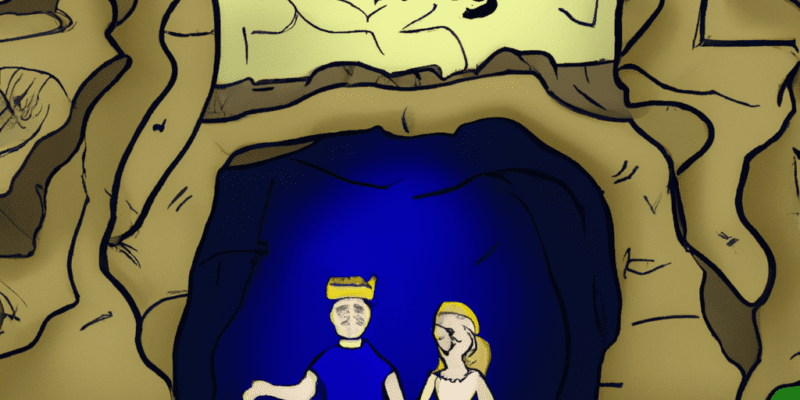 A picture of Tom and Lucy standing in front of a mysterious cave entrance, with a magical map in their hands.