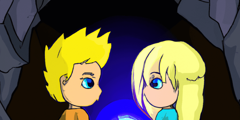 Two children standing in front of a mysterious cave entrance, holding a glowing crystal ball between them.