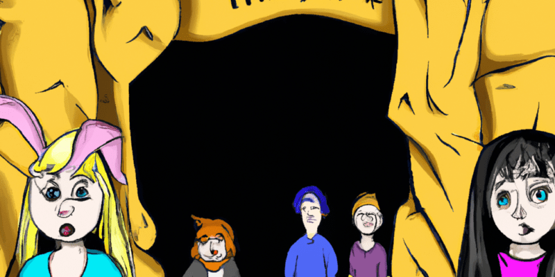 A picture of Alice and Joe standing in front of a cave entrance, with a group of strange creatures peeking out from behind them.