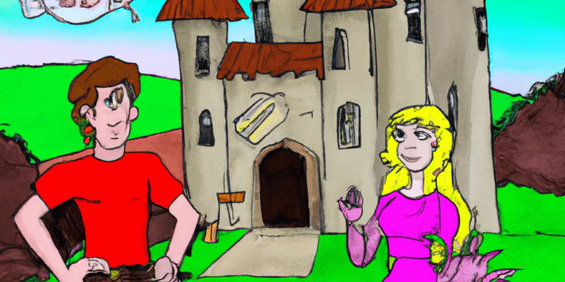 A picture of Michael and Sally standing in front of an old abandoned castle, with a large dragon sleeping in the background.