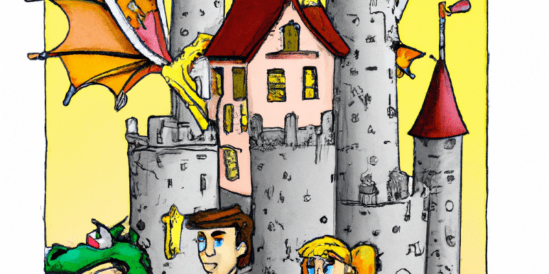 A picture of John and Sarah standing in front of a large castle with two towers, with a dragon flying overhead.