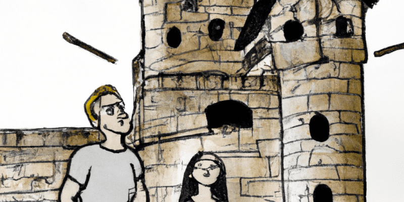 A picture of Sarah and Max standing in front of the old abandoned castle, looking up in awe.