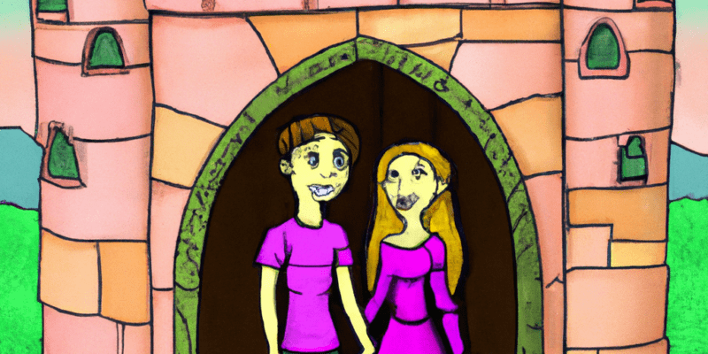 A picture of Alex and Sarah standing in front of an old castle with a magical portal in the doorway.