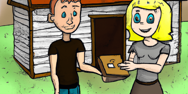 A picture of Sarah and Mason standing in front of an old, abandoned cabin, with a mysterious book in their hands.