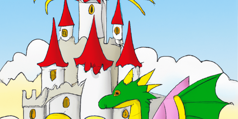 A picture of Abigail and Jake standing in front of a large castle with a dragon perched atop the roof.