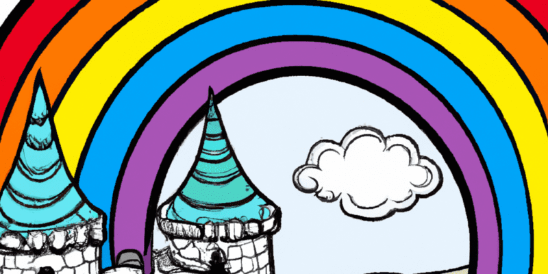 A colorful rainbow arching over a castle in a magical kingdom.