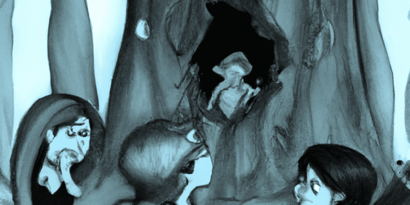 Two young girls standing in a dark forest, looking up at a large tree with a small opening in the trunk. They are surrounded by a group of goblins, who are pointing at the tree and demanding that they find the hidden treasure inside.