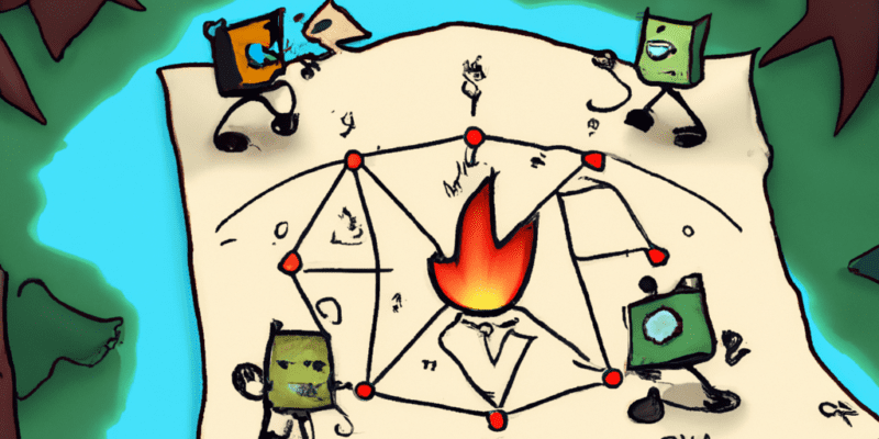 A map with a mysterious symbol on it, surrounded by a group of bandits in the forest.