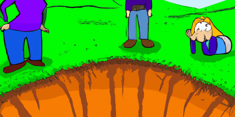 A picture of Sarah and David standing in front of a giant hole in the ground, with Fuzzy hovering nearby.