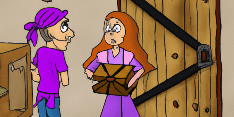 A picture of Jacob and Abigail standing in front of a large, wooden attic door with a mysterious box in their hands.