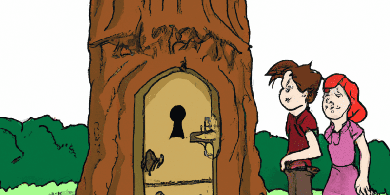 A picture of Will and Emma standing in front of a mysterious looking tree with a small door in the trunk.