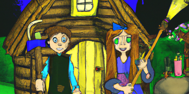 A picture of Jack and Jill standing in front of a mysterious house in the forest, with a magical wand in their hands.