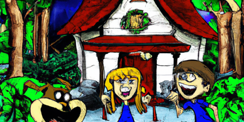 A drawing of Jack and Jill standing in front of an old house in the woods, surrounded by magical creatures.