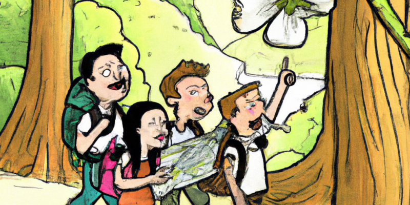 A group of five friends hiking through a forest, with a map in hand and a sense of adventure on their faces. In the distance, a beautiful flower can be seen, hinting at the magical journey ahead.