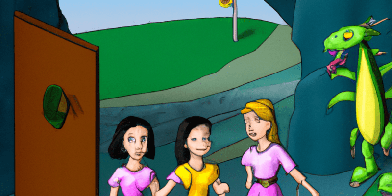 An image prompt for this story could be three girls standing in front of a dragon's lair, looking determined and brave, with a beautiful and colorful flower in their hands. The dragon could be seen in the background, guarding the entrance to the lair.