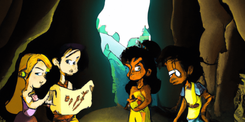 A group of friends standing outside a mysterious cave, looking at a map and discussing their next move. One of them, Alice, is holding a lantern to light the way. In the background, you can see the forest and hills they have been exploring.