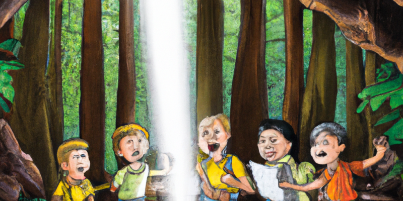 A group of friends standing at the entrance of a dark cave, holding flashlights and looking excitedly at each other. In the background, the forest is visible with tall trees and a hint of sunlight shining through the leaves.