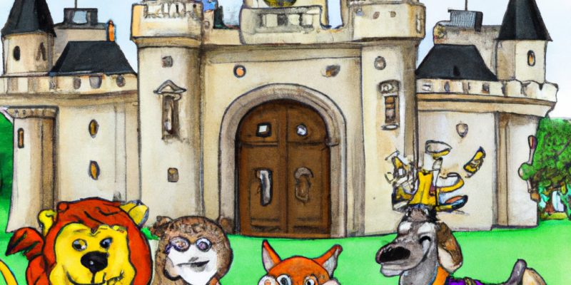 A group of animals, including a fox, owl, raccoon, and deer, standing outside a grand castle with a lion king standing at the entrance, welcoming them inside. The animals are all dressed in their finest attire and carrying small gifts for the king.