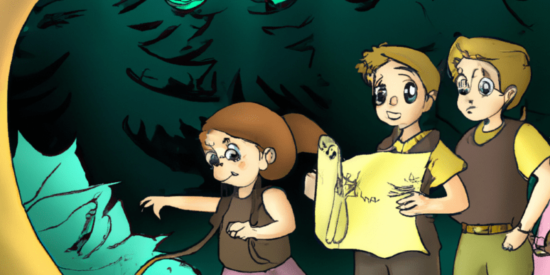 An image prompt for this story could be a picture of the four siblings holding hands and walking through a magical forest, with a treasure map in their hands and a sense of adventure in their eyes.