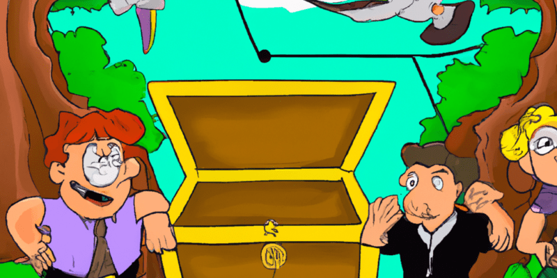 An image prompt for this story could be a picture of three friends standing in front of a treasure chest, with one holding a map, another holding a key, and the third one looking at a puzzle or riddle. The background could be a forest or mountainous area, with flowers, butterflies, cliffs, and wild animals in the distance.