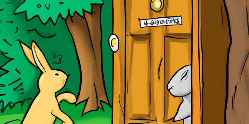 An image prompt for this story could be a picture of Lily and Daisy standing in front of the mysterious door in the woods, with Benjamin the rabbit peeking out from behind a nearby tree. The door could be depicted as an old, wooden door with intricate carvings, and there could be a hint of magical light shining through the keyhole.