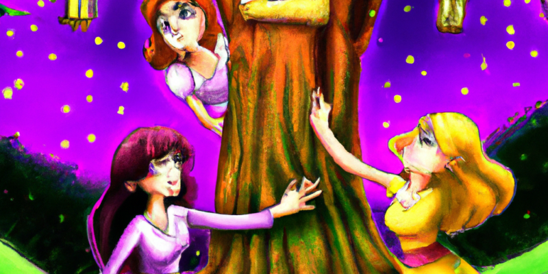 An image prompt for this story could be three girls standing in front of a magical tree, with a sense of wonder and excitement on their faces, as they prepare to embark on a magical adventure. The tree could be depicted as glowing with a soft, ethereal light, and there could be hints of the fairy tale world that lies beyond it in the background.