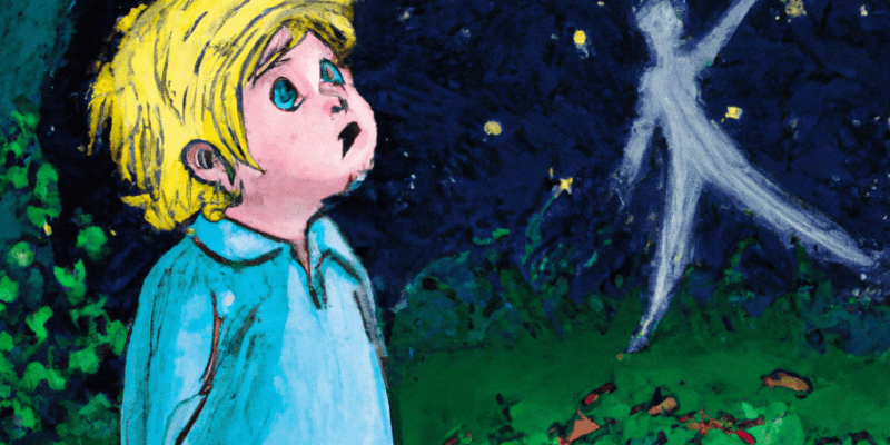 A young child standing in a forest, looking up at the stars with wonder and curiosity. In the background, a small fairy with shimmering wings can be seen watching over the child.